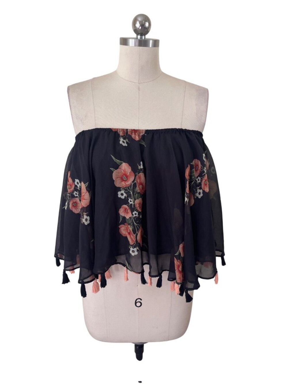 Carolina K Anthropologie Black Floral Tassle Camisole Top Womens Small Boho-Chic